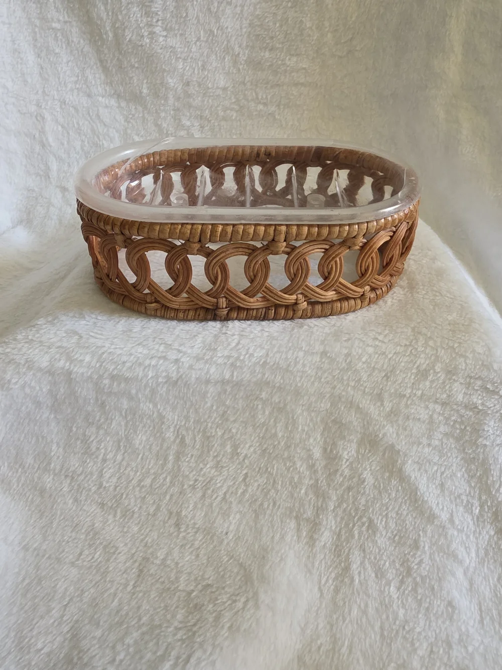 Woven Rattan Oval Soap Dish With Basket Base And Clear Soap Holder - Natural Tan
